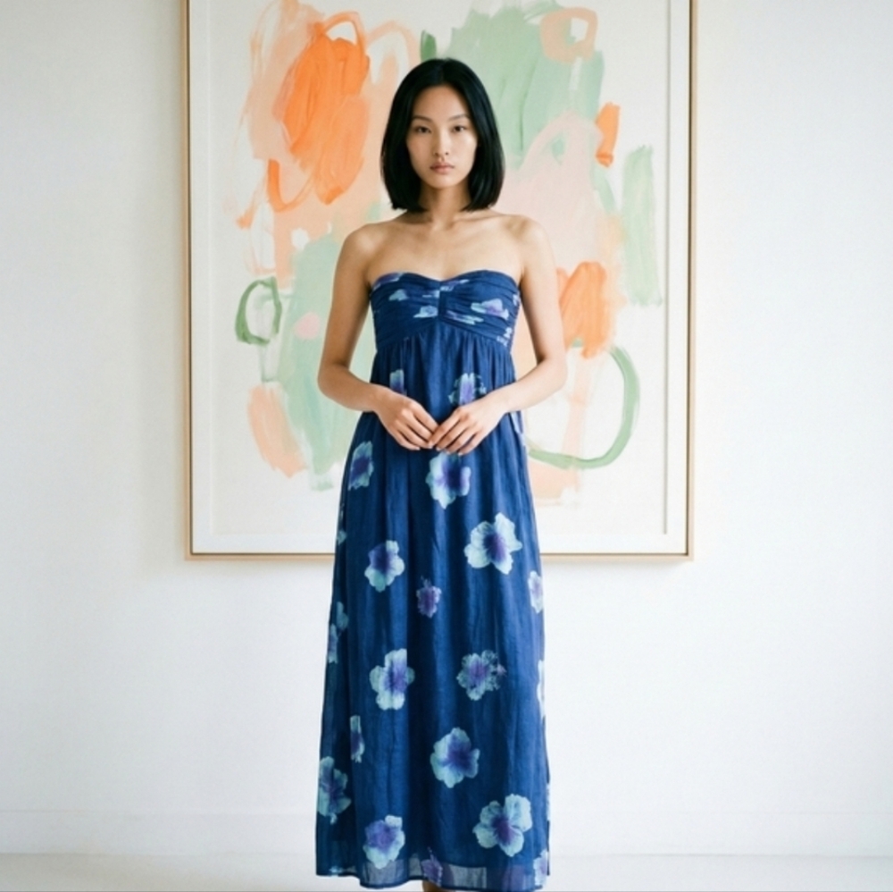 100% Silk Strapless Navy Floral Maxi Dress size S